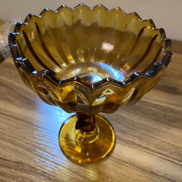 Vintage 1960s Glass Amber Lotus Blossom Tall Candy Dish By Indiana Glass Company - Picture 3 of 4